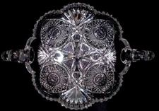 American Brilliant Period ABP Cut Glass Double Handle Fan 24 Point Stars 12 x 9