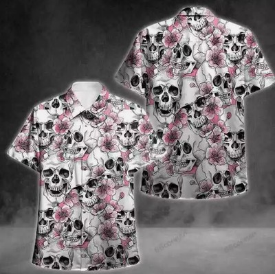 Skull Pink Flowers Trendy Hawaiian Shirt Summer Aloha Shirt Gift For Summer