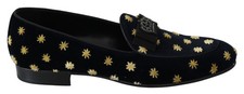 Dolce&Gabbana Men Dark Blue Loafers 100% Cotton Velvet Crown Print Slipper Shoes