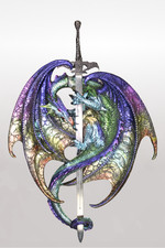 Iridescent Double Dragon Sword Wall Sculpture Fantasy Medieval Decor
