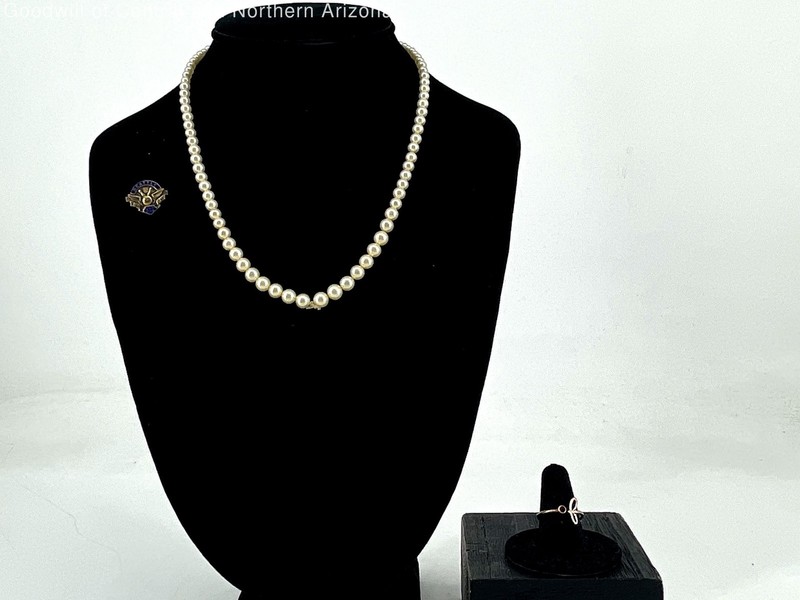 850 Silver Size7 Red Rhinestone RingW/18"Faux Pearl Necklace& Bowling Pin 22.44g