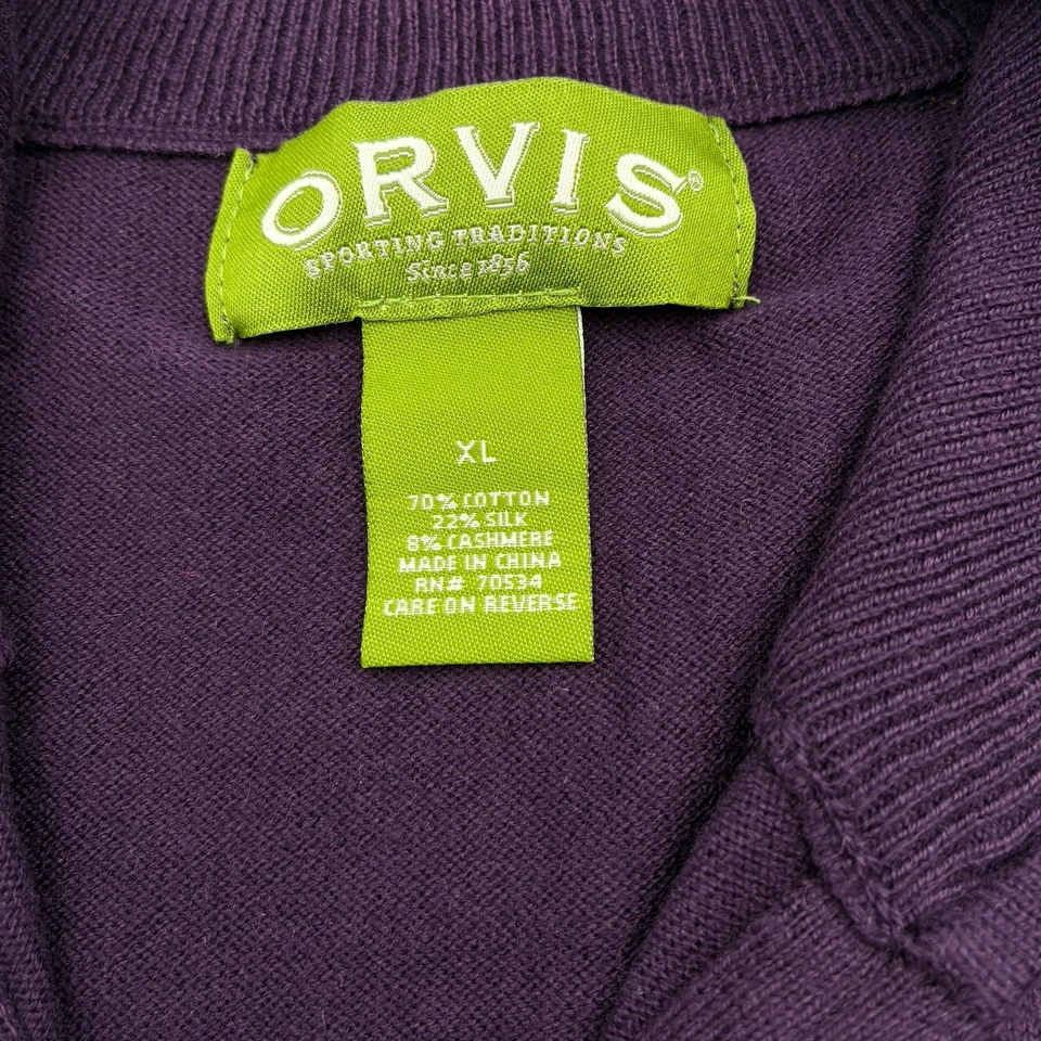 Suéter Orvis Para Hombres XL Púrpura 1/4 Cremallera Algodón Seda Cachemira Cuero Tirador Foto 4 de 4