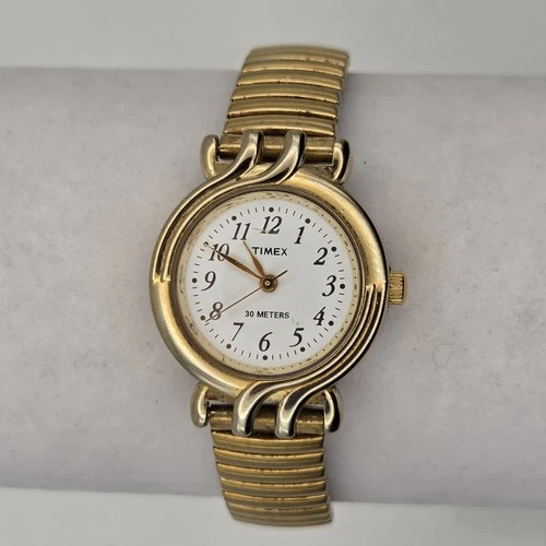 Vtg Timex Watch Women 25mm Gold Tone White Dial Stretch Band 2000 New Battery