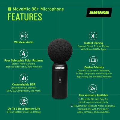 Shure MoveMic 88+ Wireless Microphone - Professional Audio Recorder for...