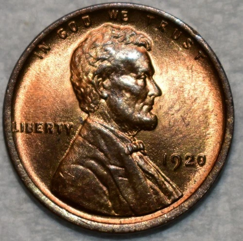 Brilliant Uncirculated 1920-P Lincoln Cent, Blazing, Nearly Full-Red specimen.