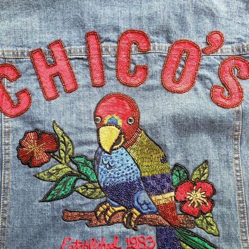 Chico's Anniversary Full Zip Jacket Size 1 Medium Blue Denim Embroidered Back - Picture 6 of 10