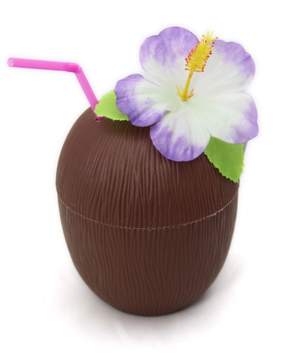 Tropical Days Plastic Coconut Drinking Cup With Hibiscus Flower Lid & Straw