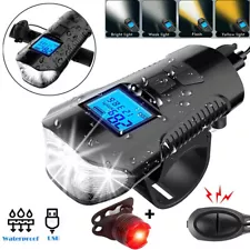 USB Rechargeable LED Cycle Bike Headlight + Rear Light Horn Speedometer Odometer