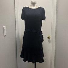 NEW Loft MT Navy Tie Waist Pullover Short Sleeve Casual Flounce Dress Textured
