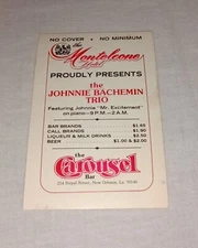 VINTAGE MONTELEONE HOTEL CAROUSEL BAR TABLE TENT SIGN JOHNNIE BACHEMIN TRIO