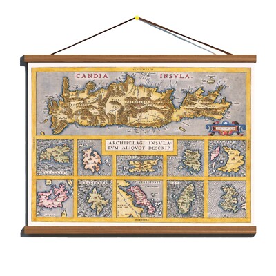 Ancient 1574 Old Antique Map Of Crete & 10 Greek islands; Canvas, Wooden Hanger