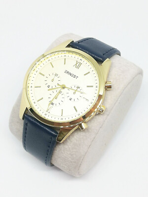 Herrenuhr Luxus Trend Leder Marineblau Gold Zifferblatt Batterie Quarz Analog #14