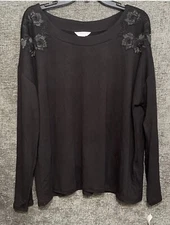 Charter Club Women's Floral Appliqué Embroidered Lounge Top In Black XXL New