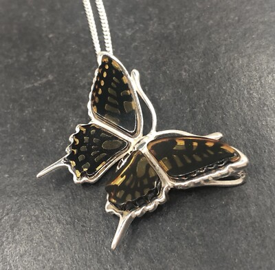 #ad #ad amber butterfly pendant solid Sterling Silver carved new. Chain. Gift box. GBP 48.99