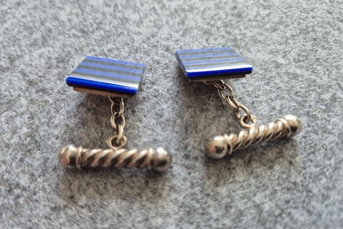 Sterling Sliver Cufflinks With Blue Enamel English Hallmarks EP England - Picture 6 of 9