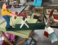 Vintage Folk Art WHIRLIGIG Primitive Painted Wood Old Man Sawing w/ 4 Propellers