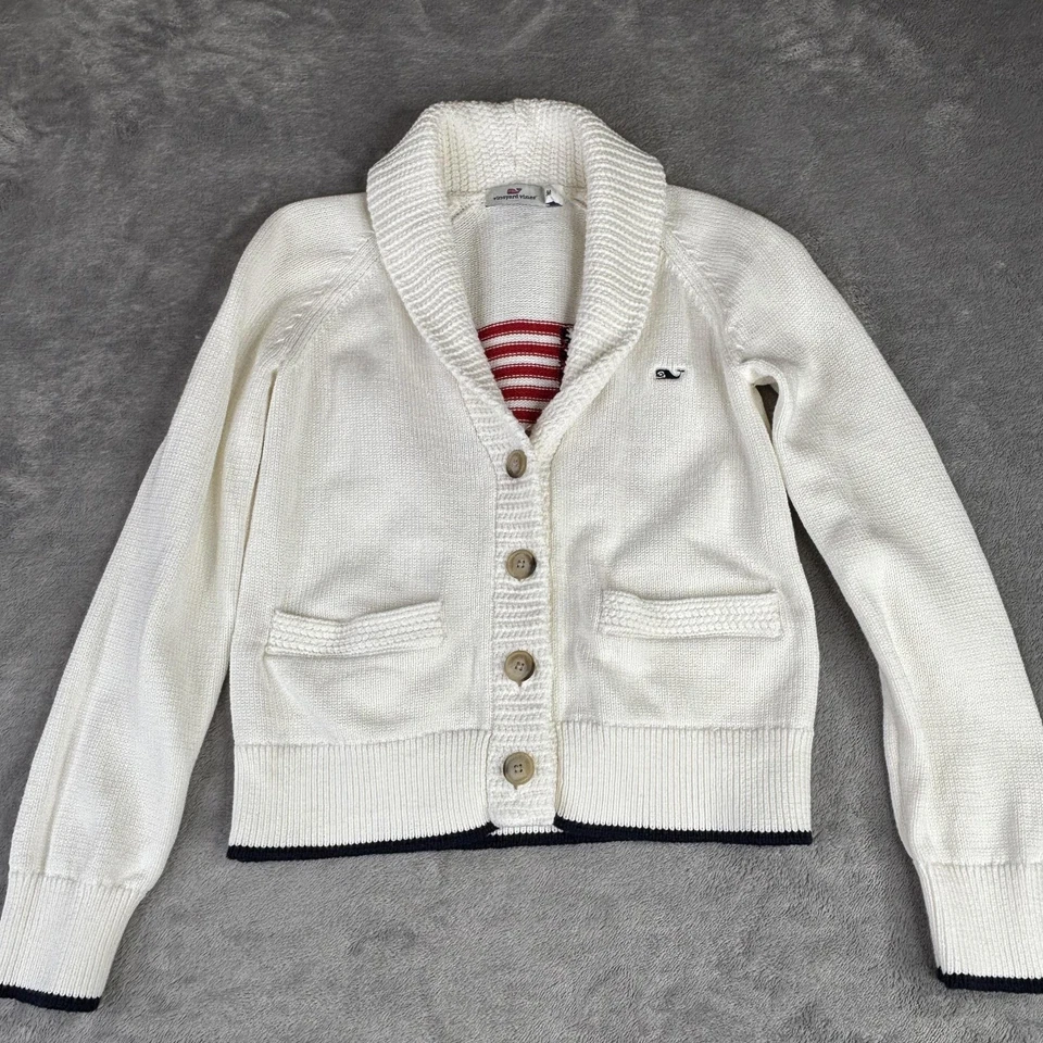 Suéter Vineyard Vines Juvenil Mediano Blanco Mantón Cuello Bandera Cárdigan Algodón Foto 3 de 4