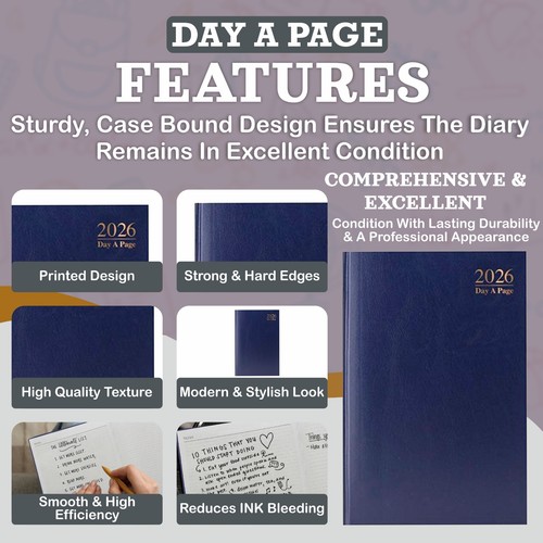 2026 A4 Day A Page Diary Value Split Sat Sun Casebound Hardback Cover Ribbon - Picture 14 of 23