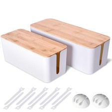 2 Pack Large Cable Management Box Wooden Style Cord Organizer and Cover for...
