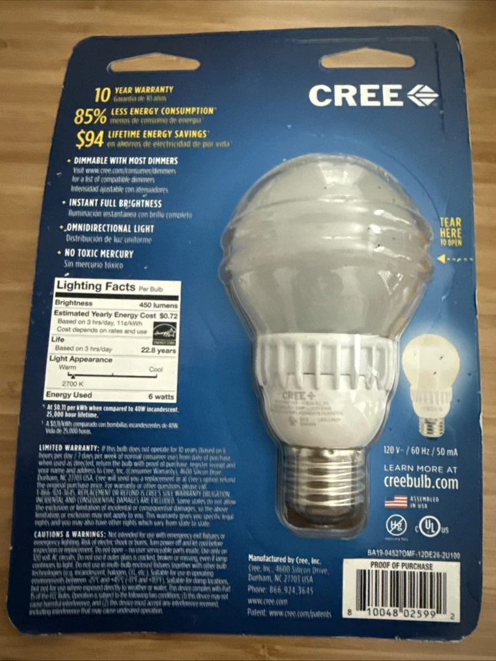 CREE Soft White LED 40W (6W) Dimmable Bulb 2700K/450 Lumens -USA Made - Image 2 of 2