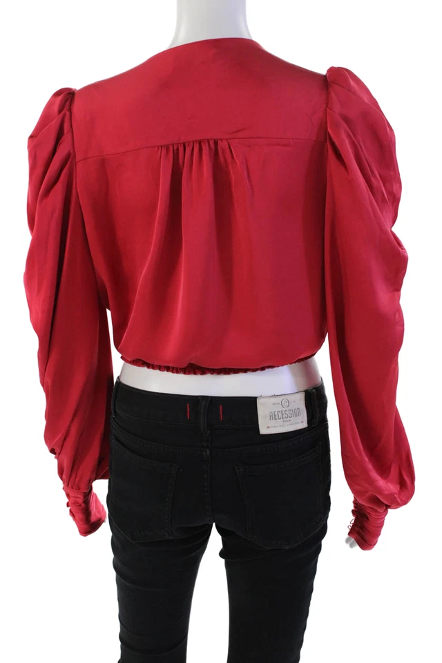 Ramy Brook Womens Long Sleeve V Neck Satin Wrap Top Red Size Small - Image 3 of 4