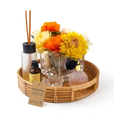 Round Rattan Tray with Handles – 11"x11"x2" Made in Indonesia, Handwoven Boho...