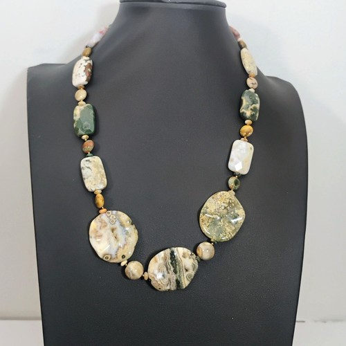 Artisan Made Ocean Jasper Bead Necklace OOAK Unique Stones Green Pink Beige 19"