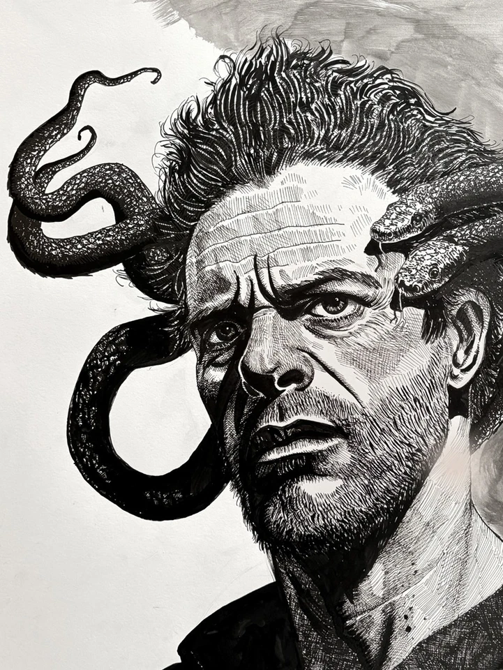 Pen and Ink Original artwork Drawing Of Man With Snakes. Pen and ink on paper - Image 2 of 3