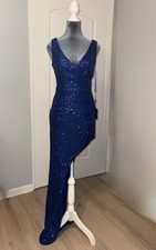 Mac Duggal 11275 Cobalt Blue Sequin-Covered Asymmetrical Cocktail Gown 6 NWT