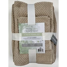 Truly Calm Bath Towel Set Beige Linen 6 Piece Bath Hand Washcloth 100% Cotton