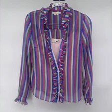 Boden Ruffle Blouse Women's US 2 Colorful Striped Sheer Long Sleeve