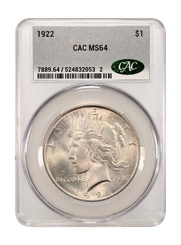 1922 CACG MS64 Peace Silver Dollar Nice Coin
