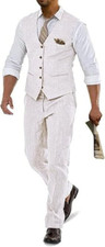 Men's Linen Casual 2 Piece Wedding Groomsman Suit, Pants Vest XL B35 