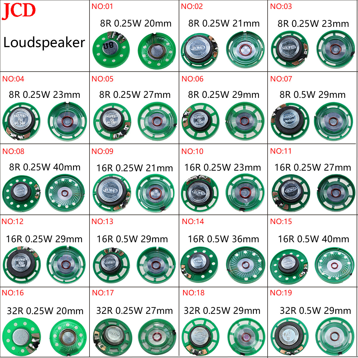 0.25w 0.5w JCD small SPEAKER REPLACMENT 8 16 32 r ohm 20 21 23 27 29 36 39 40 mm