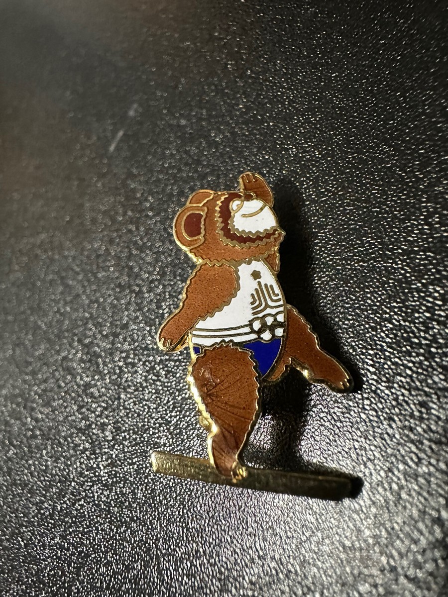 80s USA製　pin head アートレザーケース付き　オブジェ　プロダクト Olympic Pin Moscow 1979 Misha Mascot Bear Gymnastics 1980 Olympics
