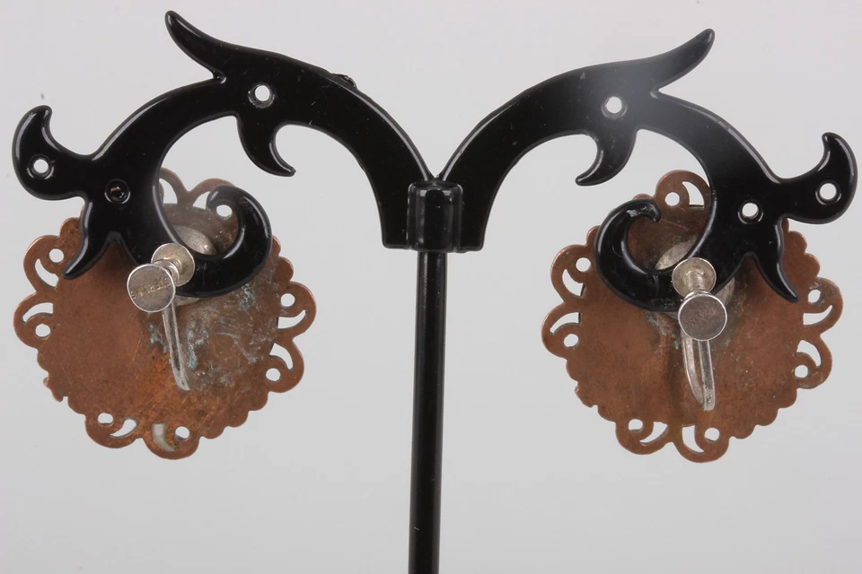 VINTAGE COPPER COSTUME CERAMIC STERLING SCREWBACK EARRINGS FASHION 8743 - Image 2 of 2