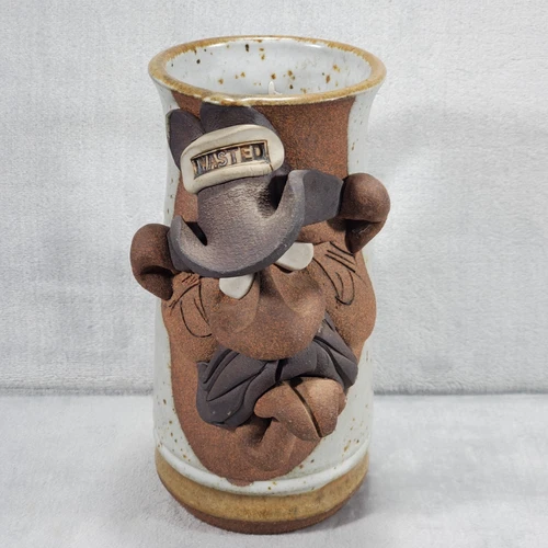 VTG Signed Handmade Stoneware Art Pottery Ugly Face Funny 3D "Wasted" Mug 8.5"