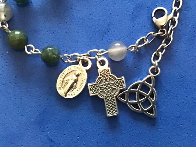 Moss Opal Religious Rosary Bracelet Celtic Cross Medal Saint TRINITY Knot