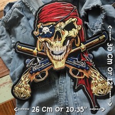 Skull Pirate Cross Gun Motorcycle Biker Iron on Embroidered Large Back patch XL