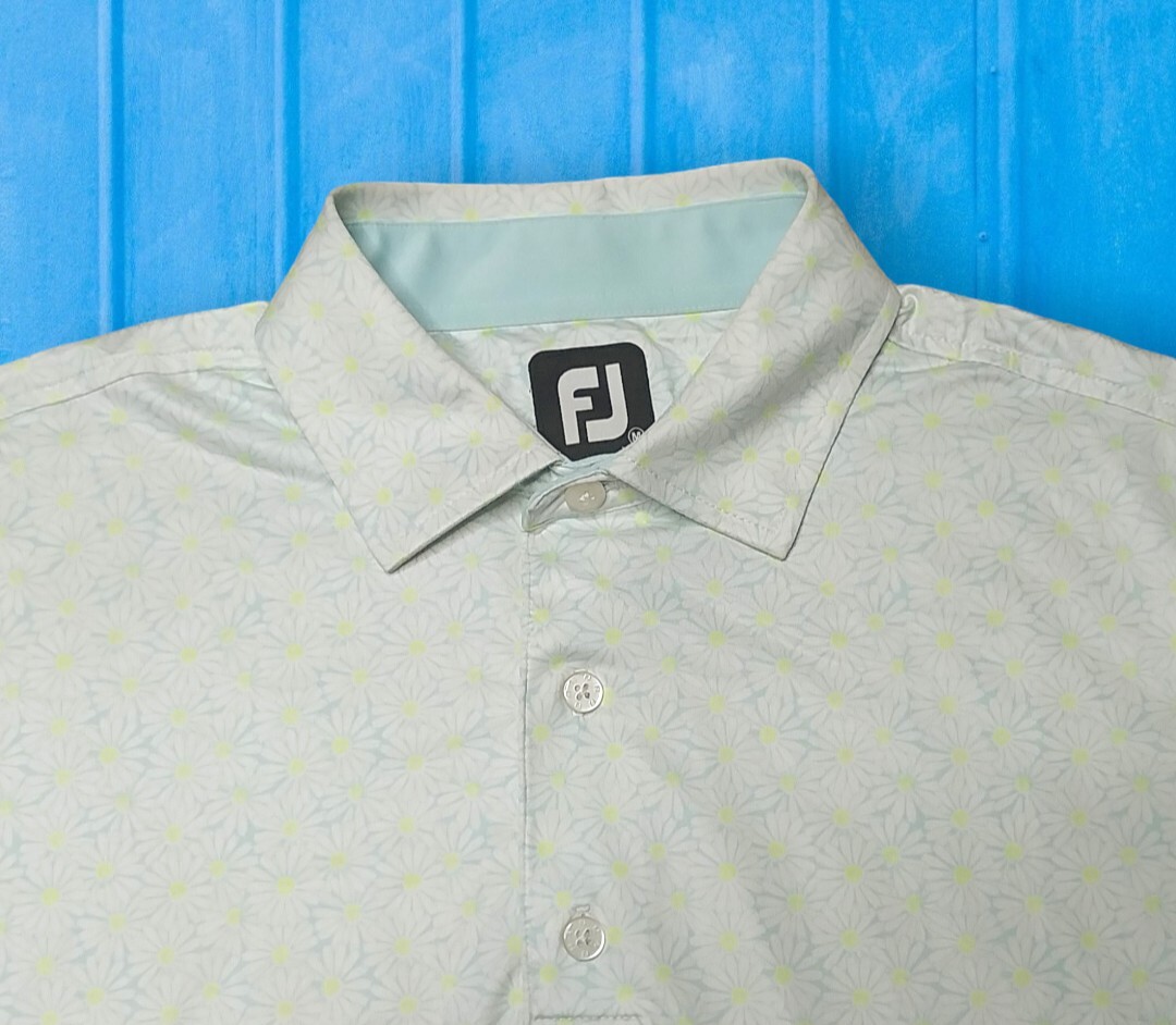 FootJoy Daisy Print Lisle Self Collar Golf Polo Mens Medium Ice