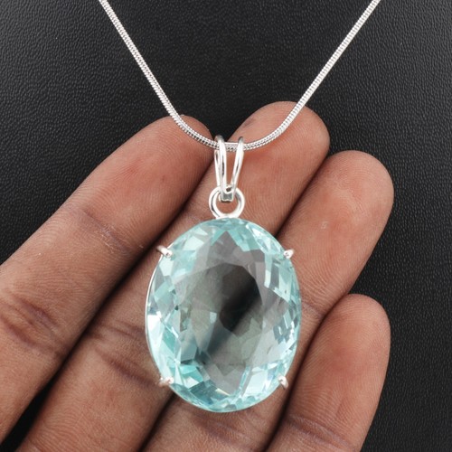 110 Ct Oval Cut Blue Aquamarine Gem Pendant 925 Silver Jewelry Gift For Birthday - Picture 2 of 7