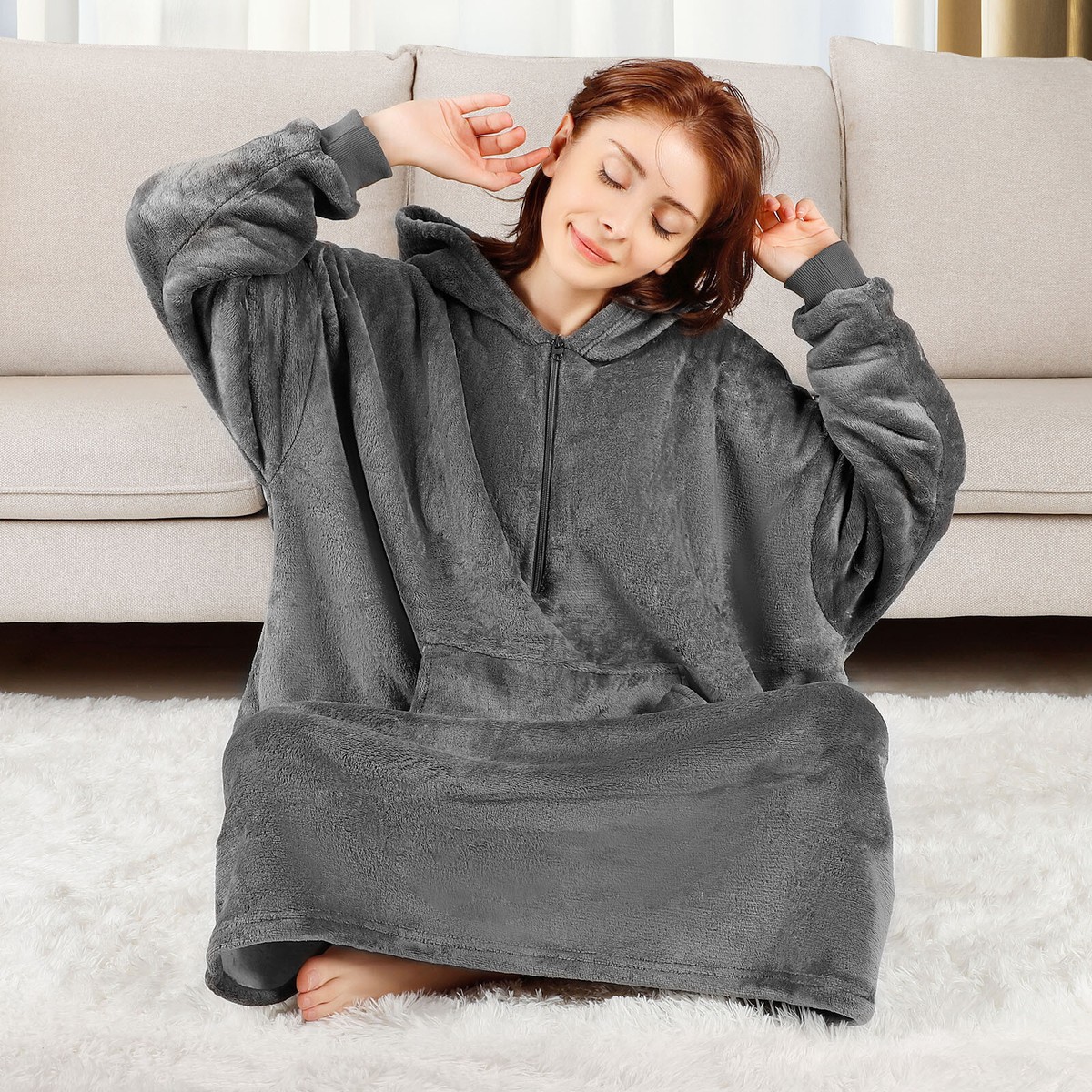 Wearable Blanket Oversized Hoodie In Thick Fleece with Pocket - Grey - Men  Women | eBay