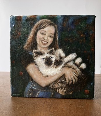 Girl & Cat Artwork modern Signed Mohr 2013 hand made painting Portrait 6  x 6 