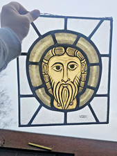 Vintage Stained glass panel christ portrait religious