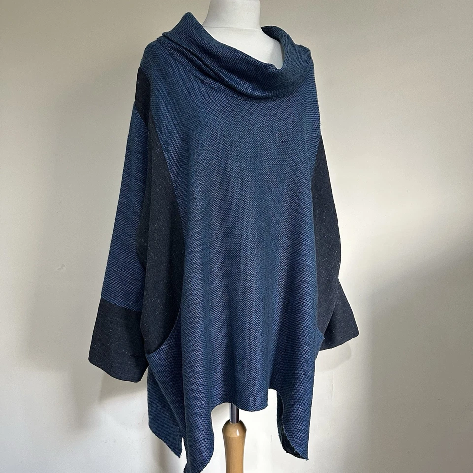 Terry Macey Top One Size Blue Grey Textured Cowl Neck Long Sleeve Tunic Wool Mix - Image 2 of 4
