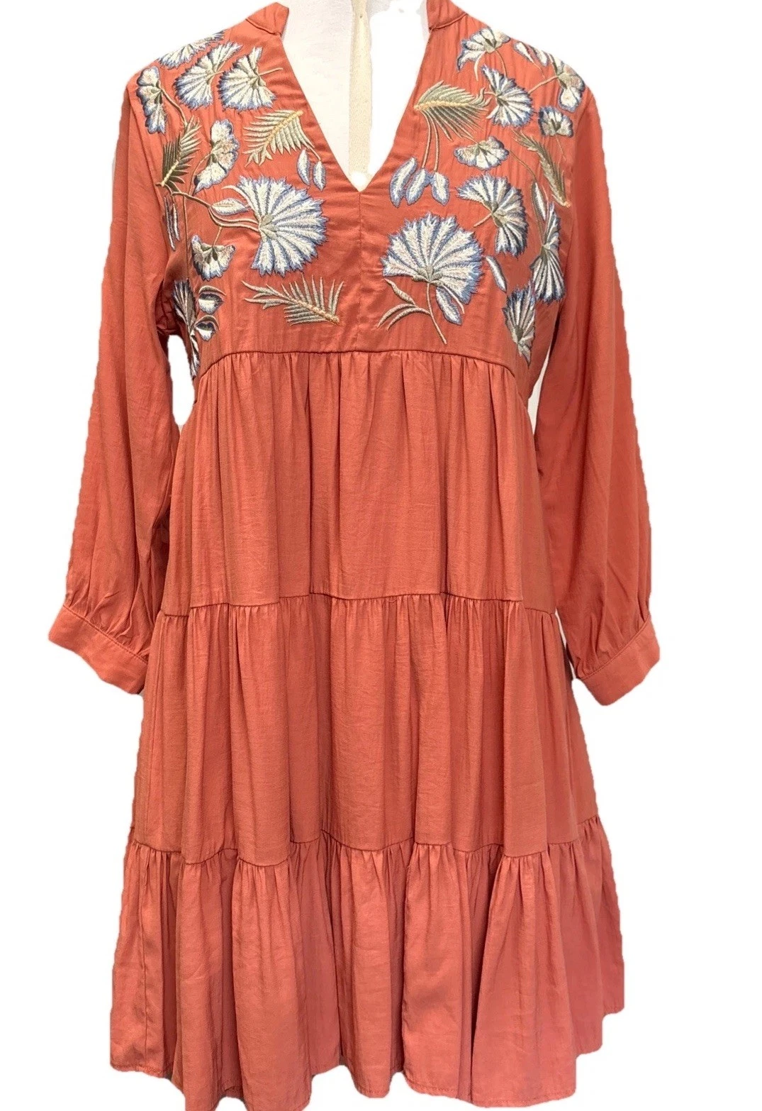 Embroidered Floral Boho Resort Wear Tiered Skirt Dress Terra Cotta Sm