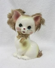 Vintage Kitsch Cat with Fur Money Bank Japanese Ucagco Ceramics