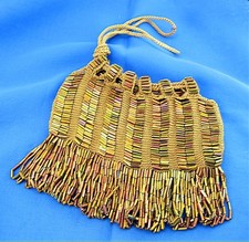 Vintage Early 20th Century Flapper Draw String Fringe Copper Bead Hand Bag