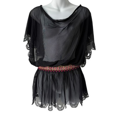 Womens Black Mesh Cover Up Dress One Size Neon Scalloped Sheer Festival Rave