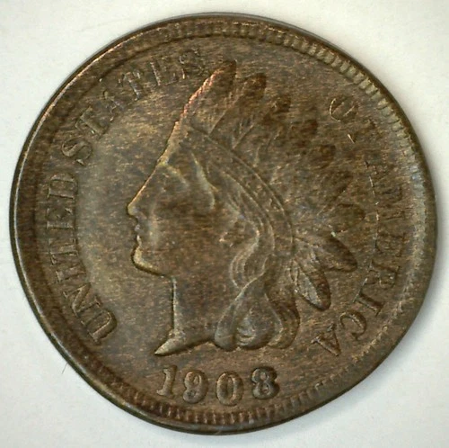 1908 Indian Head Bronze One Cent XF 1c Extra Fine Circulated US Type Coin